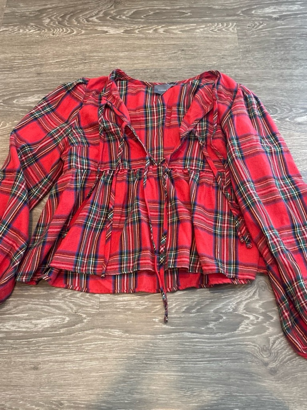 Red Plaid Tie-Front Peasant Blouse
